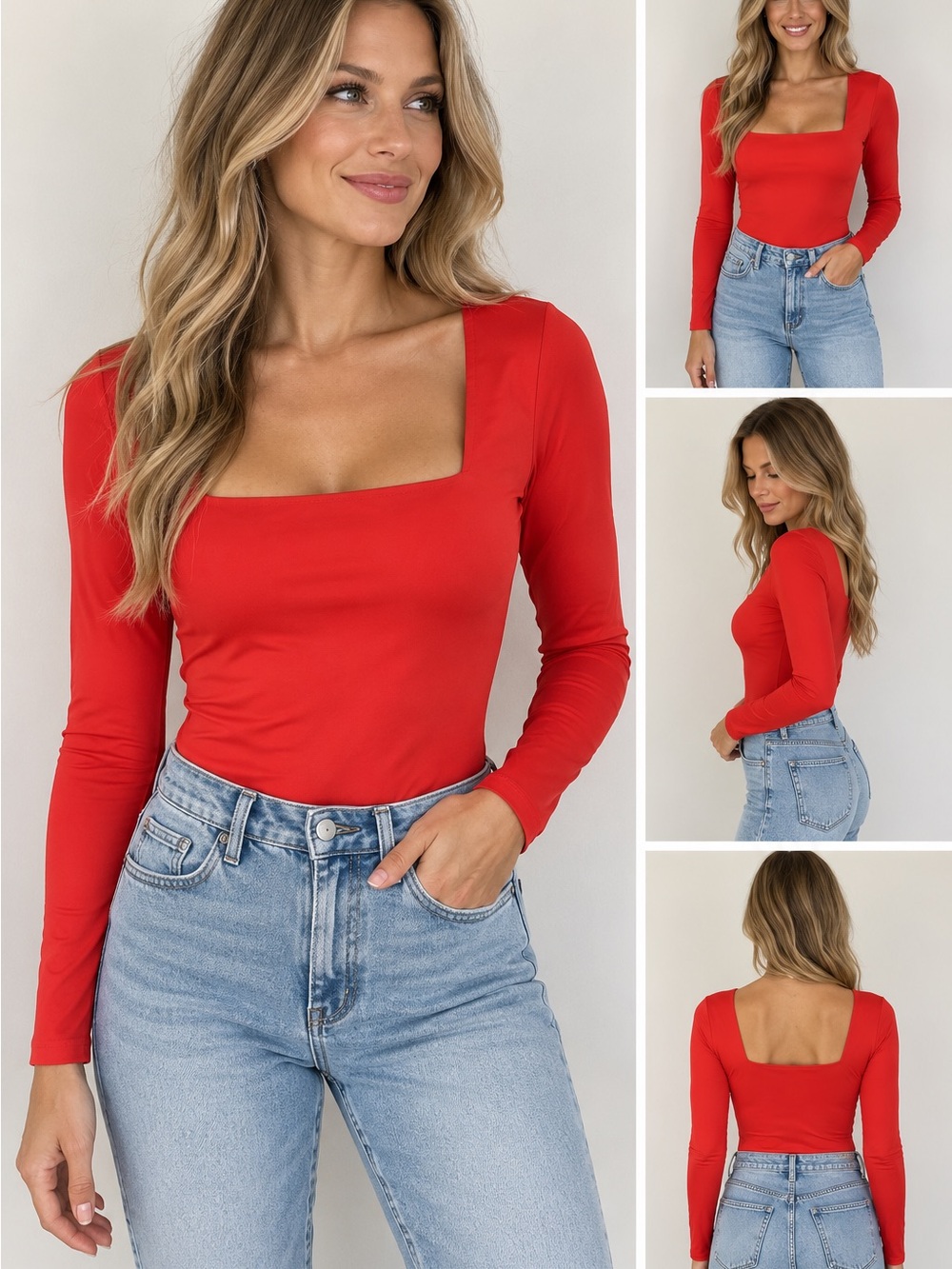 NWOT - Kk Women's Square Neck Long Sleeve Bodysuit in Red